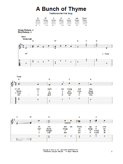 Download Traditional Irish Folksong A Bunch Of Thyme Sheet Music and learn how to play Easy Guitar Tab PDF digital score in minutes