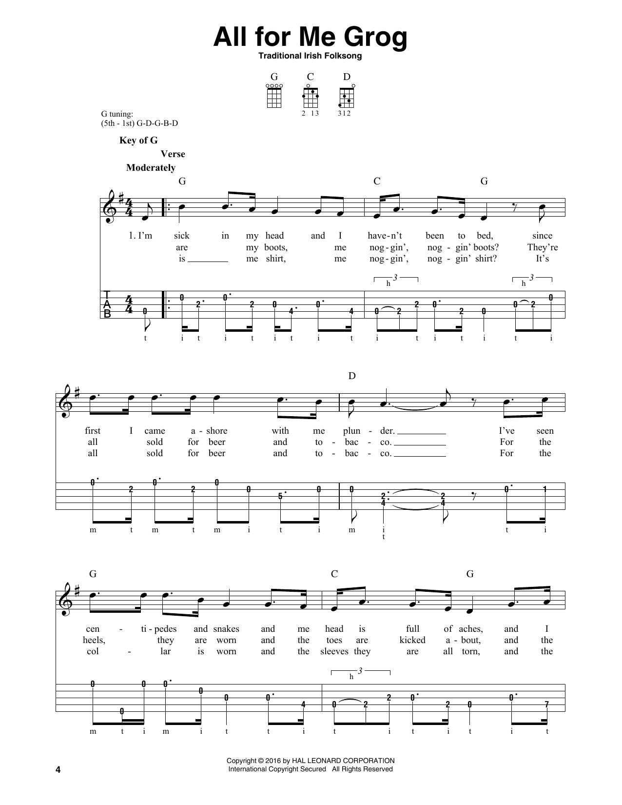 Download Traditional Irish Folksong All For Me Grog Sheet Music and learn how to play Banjo PDF digital score in minutes