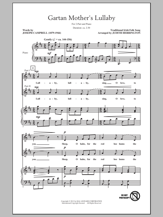 Download Traditional Folksong Gartan Mother's Lullaby (arr. Judith Herrington) Sheet Music and learn how to play 2-Part Choir PDF digital score in minutes