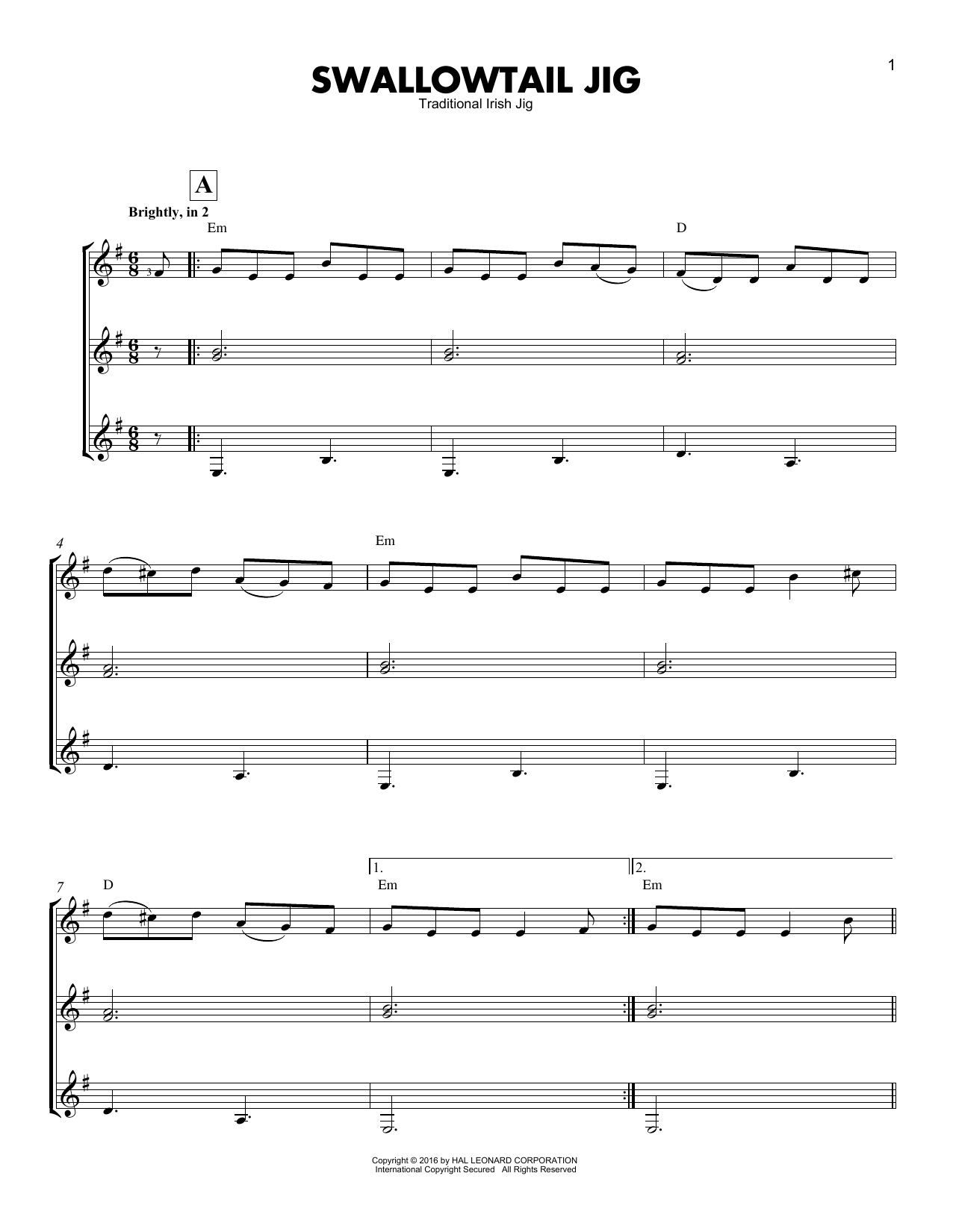 Download Traditional Irish Jig Swallowtail Jig Sheet Music and learn how to play Guitar Ensemble PDF digital score in minutes