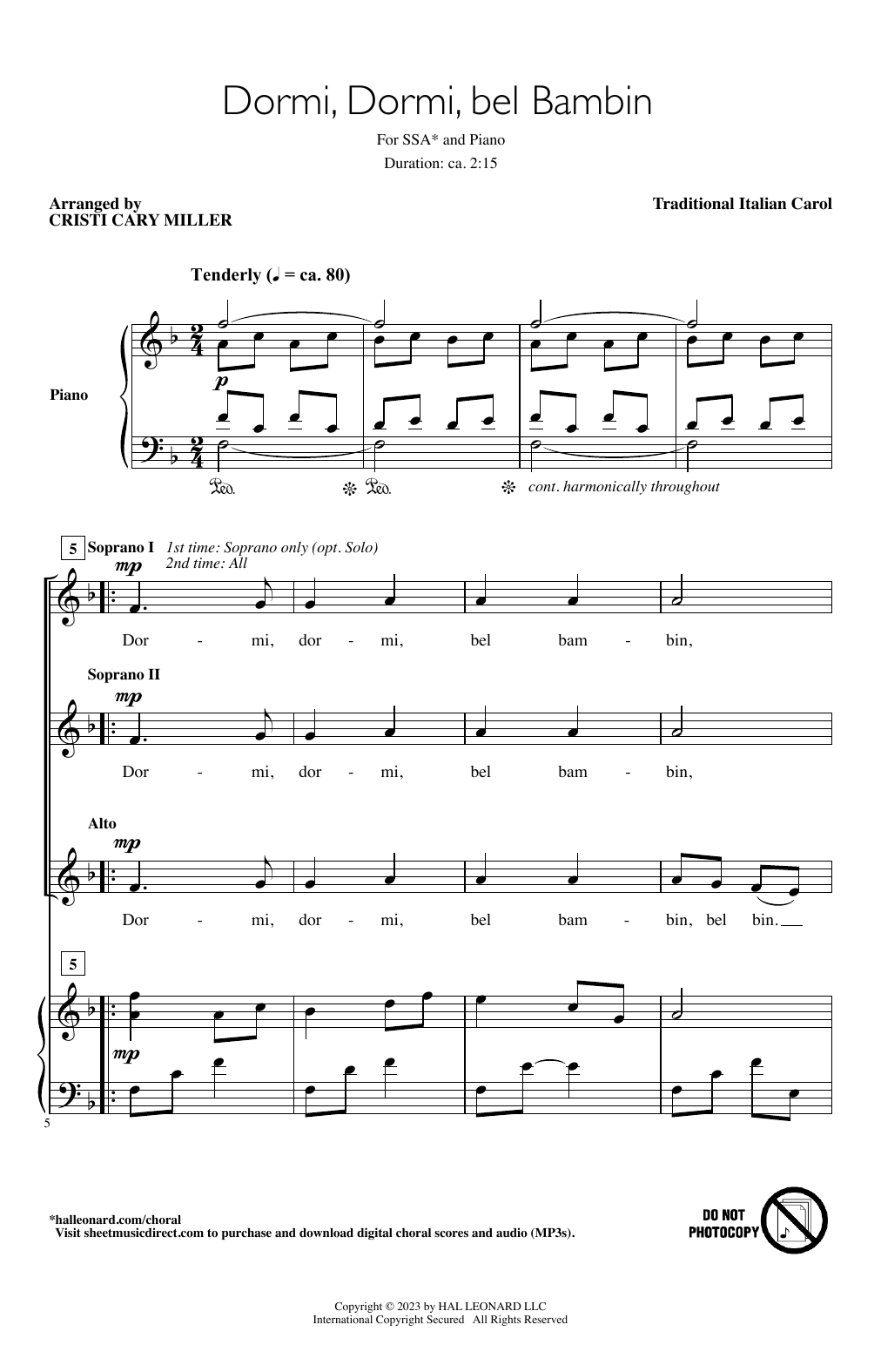 Download Traditional Italian Carol Dormi, Dormi Bel Bambin (arr. Cristi Cary Miller) Sheet Music and learn how to play SSA Choir PDF digital score in minutes