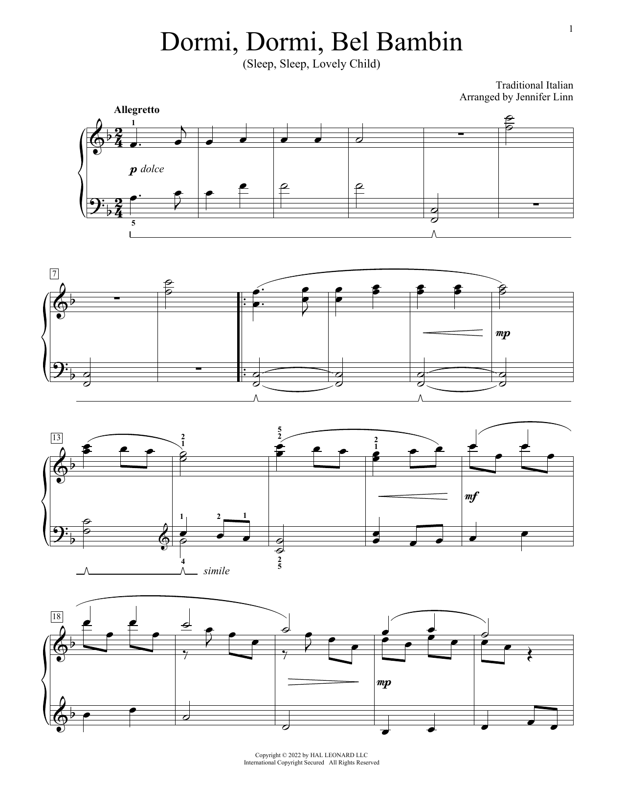 Download Traditional Italian Dormi, Dormi, Bel Bambino (arr. Jennifer Linn) Sheet Music and learn how to play Educational Piano PDF digital score in minutes