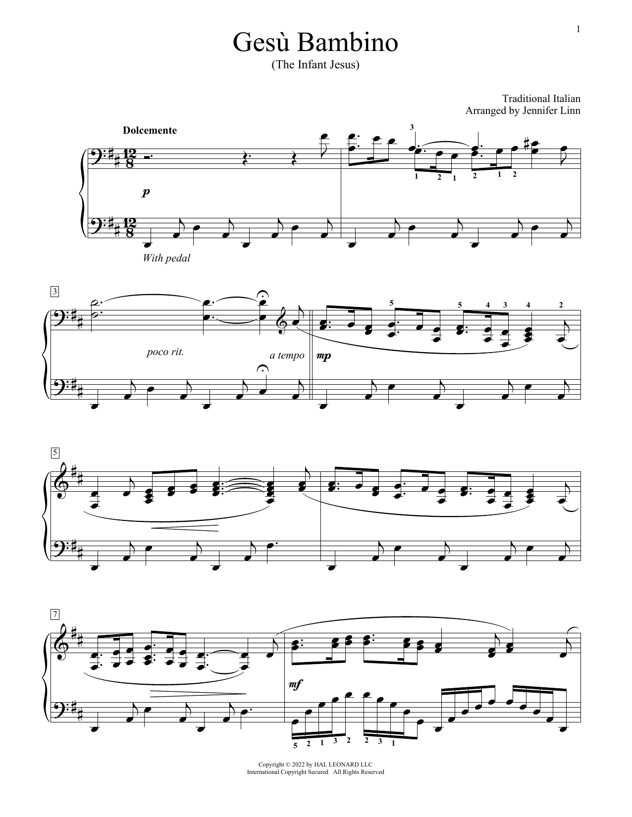 Download Traditional Italian Gesu Bambino (arr. Jennifer Linn) Sheet Music and learn how to play Educational Piano PDF digital score in minutes