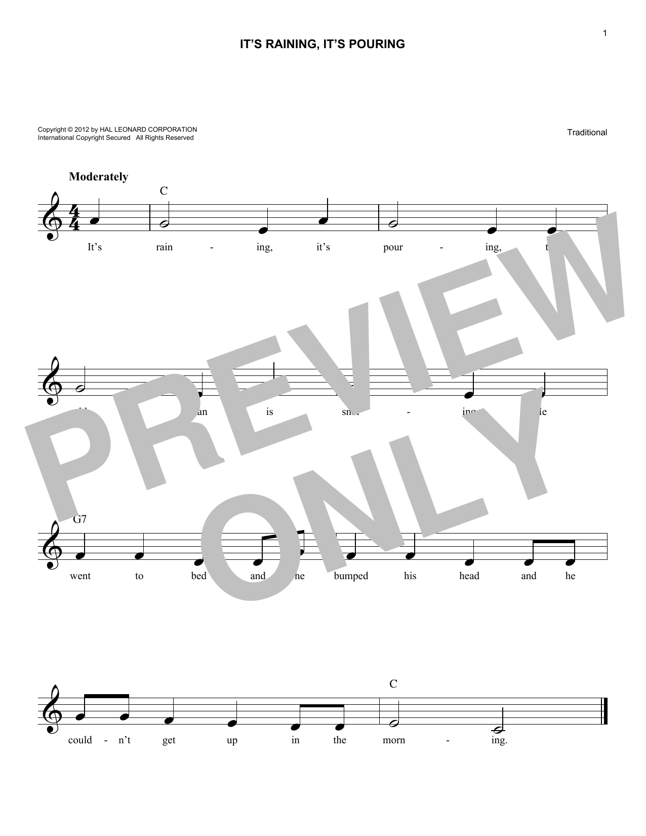 Download Traditional It's Raining, It's Pouring Sheet Music and learn how to play Piano, Vocal & Guitar Chords (Right-Hand Melody) PDF digital score in minutes