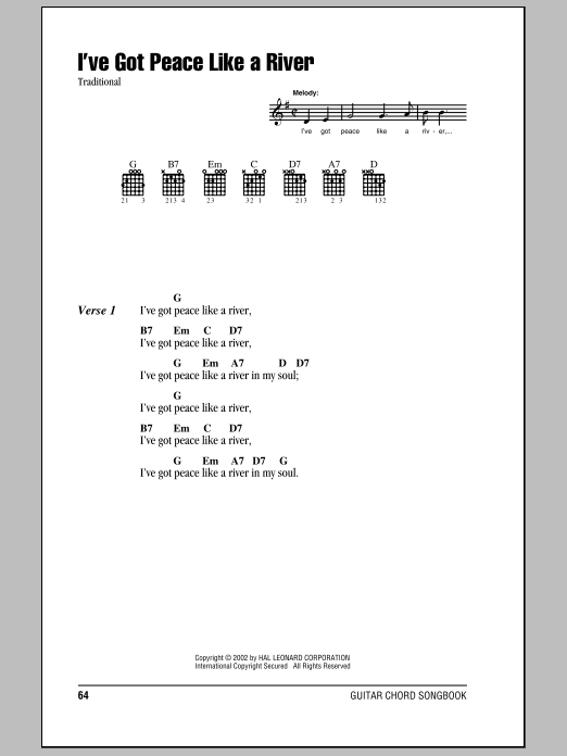 Download Traditional I've Got Peace Like A River Sheet Music and learn how to play Guitar Tab PDF digital score in minutes