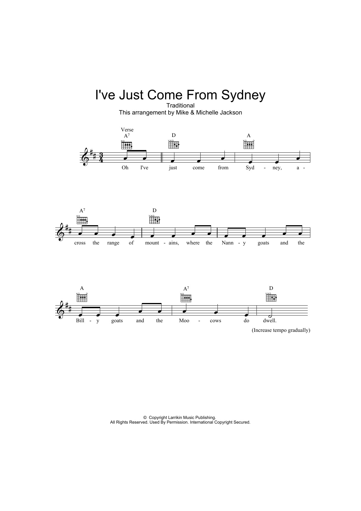 Download Traditional I've Just Come From Sydney Sheet Music and learn how to play Melody Line, Lyrics & Chords PDF digital score in minutes