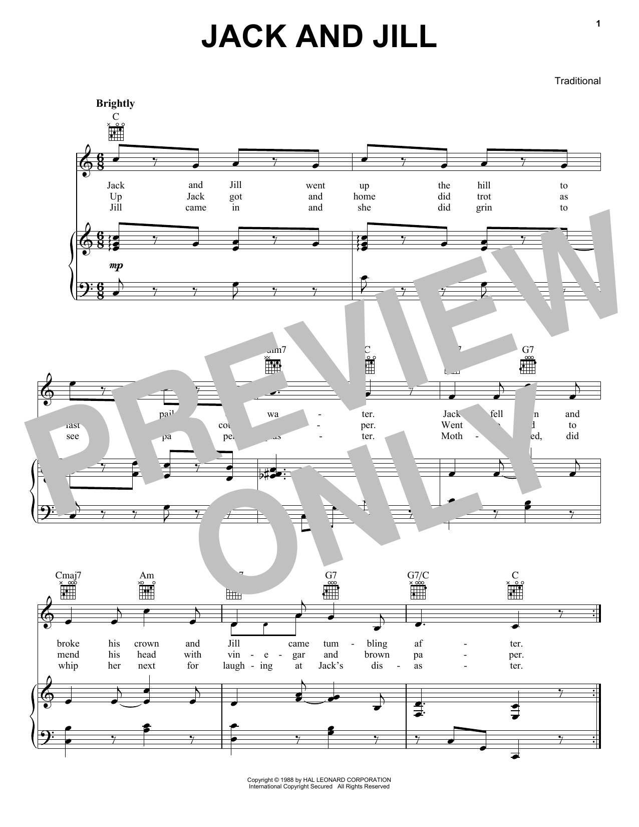 Download Traditional Jack And Jill Sheet Music and learn how to play Piano, Vocal & Guitar Chords (Right-Hand Melody) PDF digital score in minutes