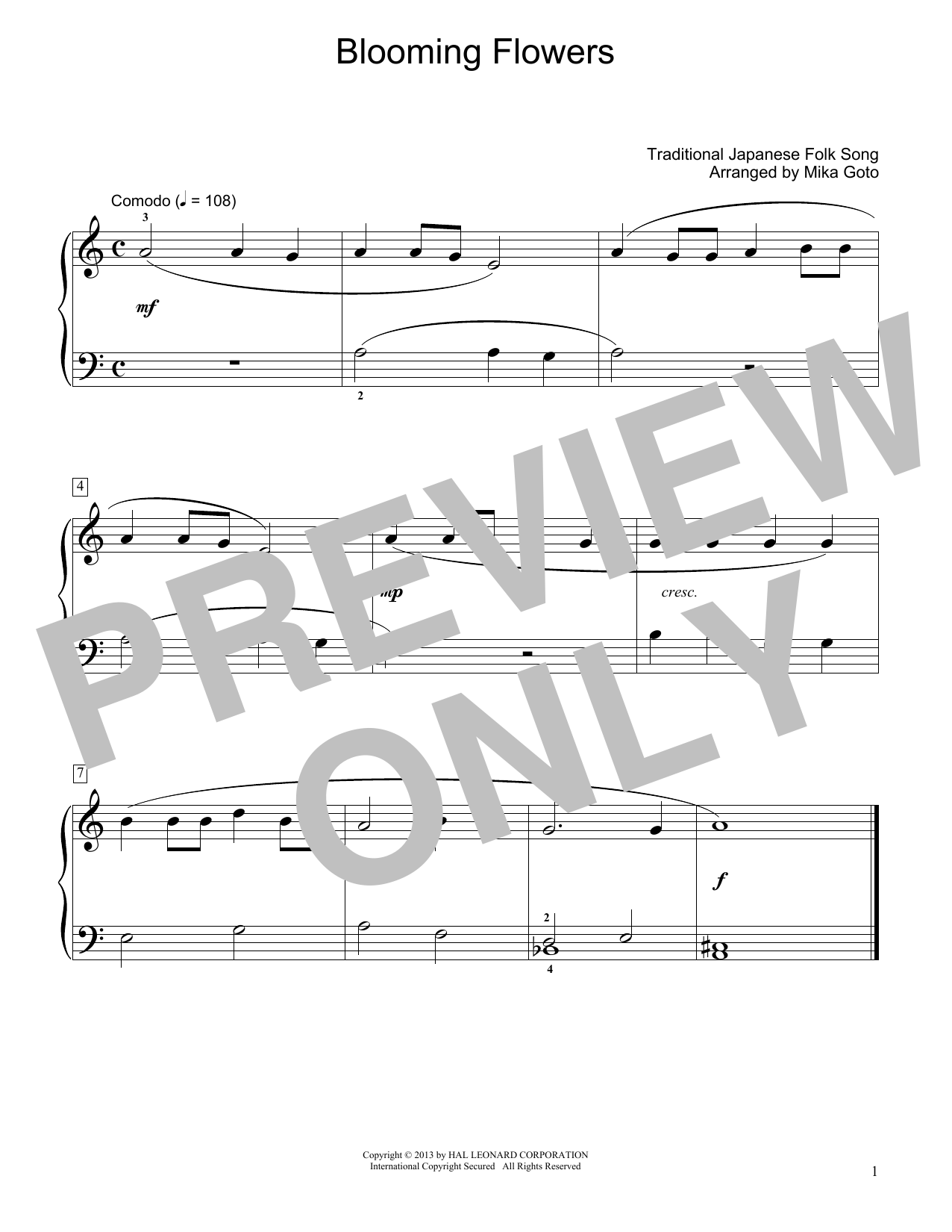 Download Traditional Japanese Folk Song Blooming Flowers (arr. Mika Goto) Sheet Music and learn how to play Educational Piano PDF digital score in minutes