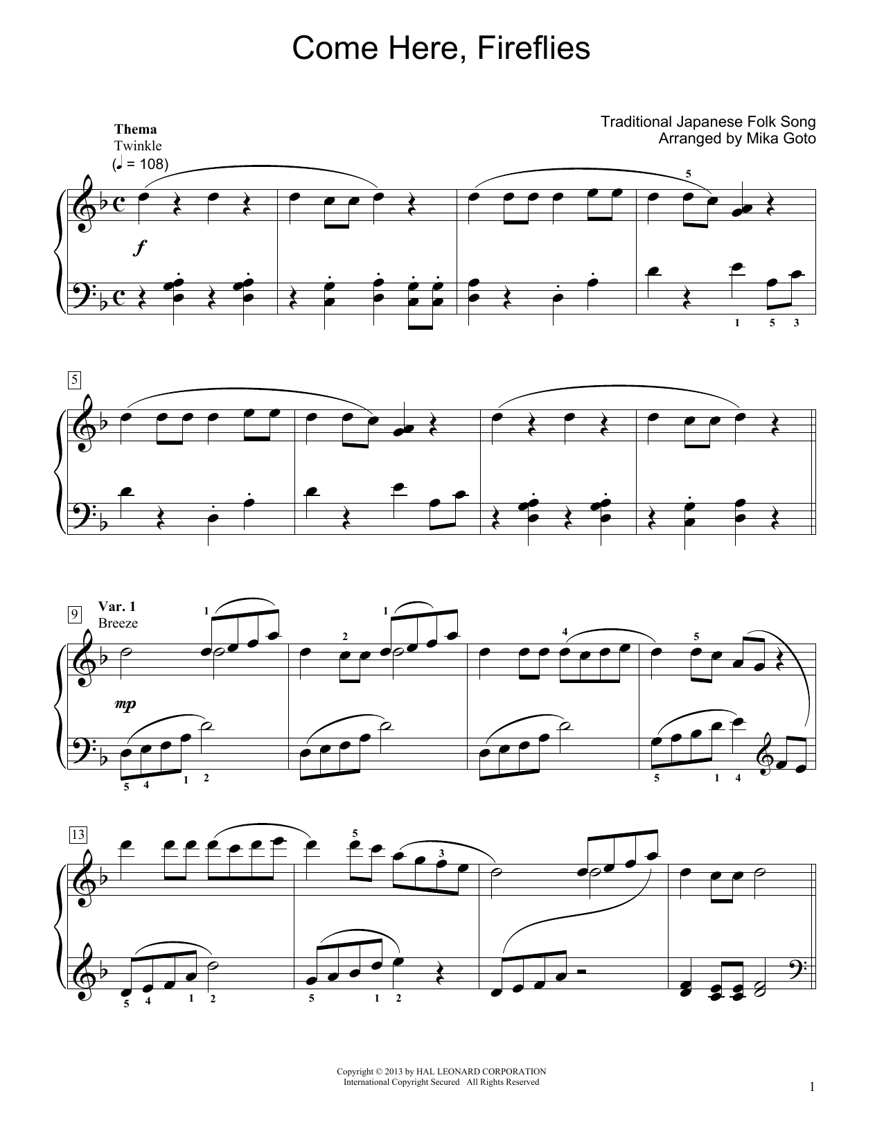Download Traditional Japanese Folk Song Come Here, Fireflies (arr. Mika Goto) Sheet Music and learn how to play Educational Piano PDF digital score in minutes