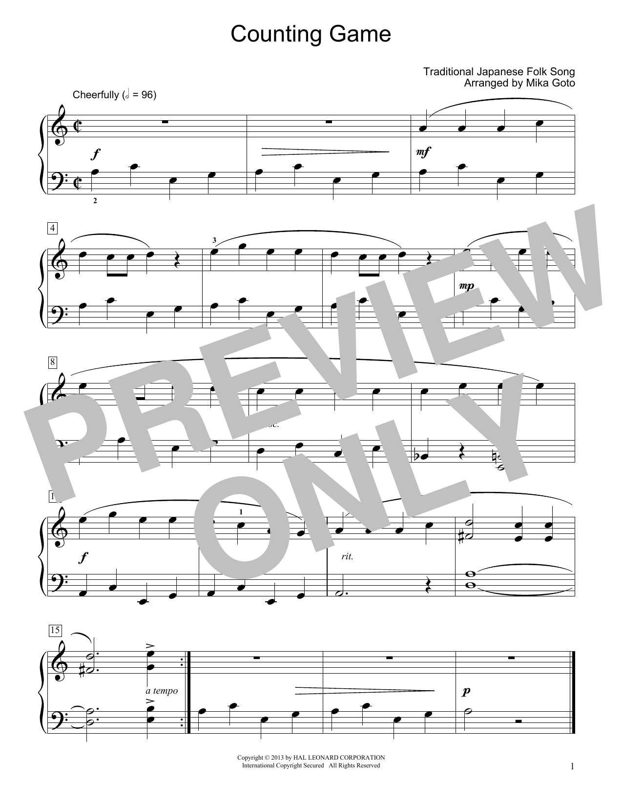Download Traditional Japanese Folk Song Counting Game (arr. Mika Goto) Sheet Music and learn how to play Educational Piano PDF digital score in minutes