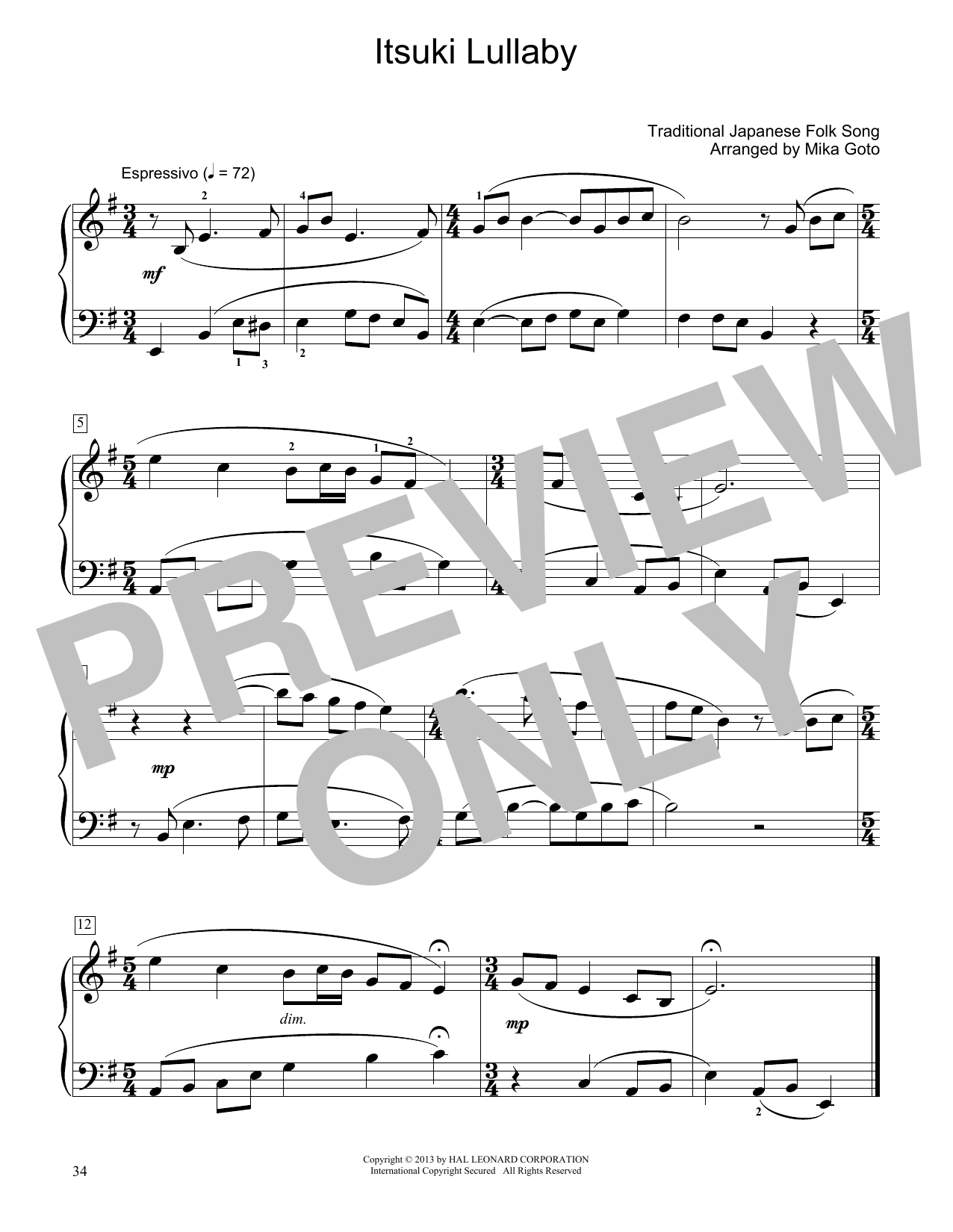 Download Traditional Japanese Folk Song Itsuki Lullaby (arr. Mika Goto) Sheet Music and learn how to play Educational Piano PDF digital score in minutes