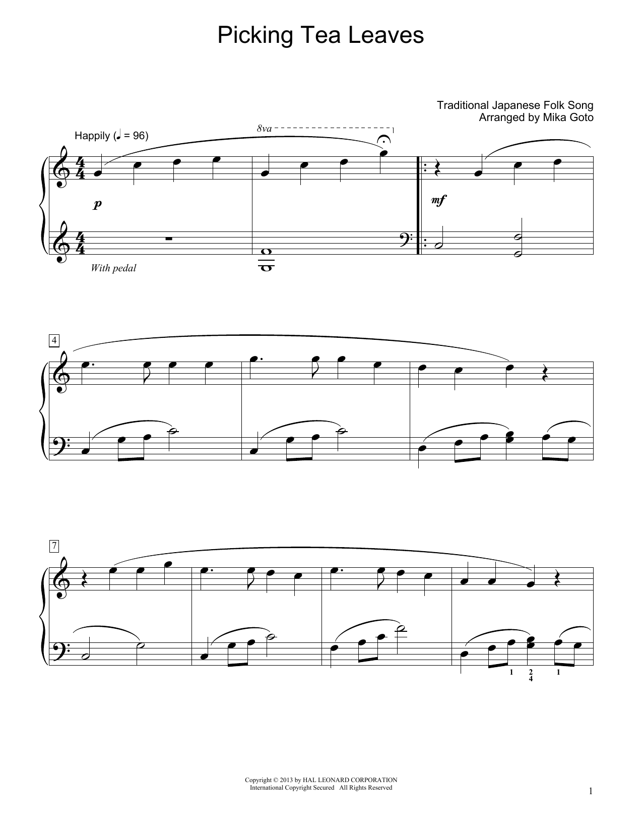 Download Traditional Japanese Folk Song Picking Tea Leaves (arr. Mika Goto) Sheet Music and learn how to play Educational Piano PDF digital score in minutes
