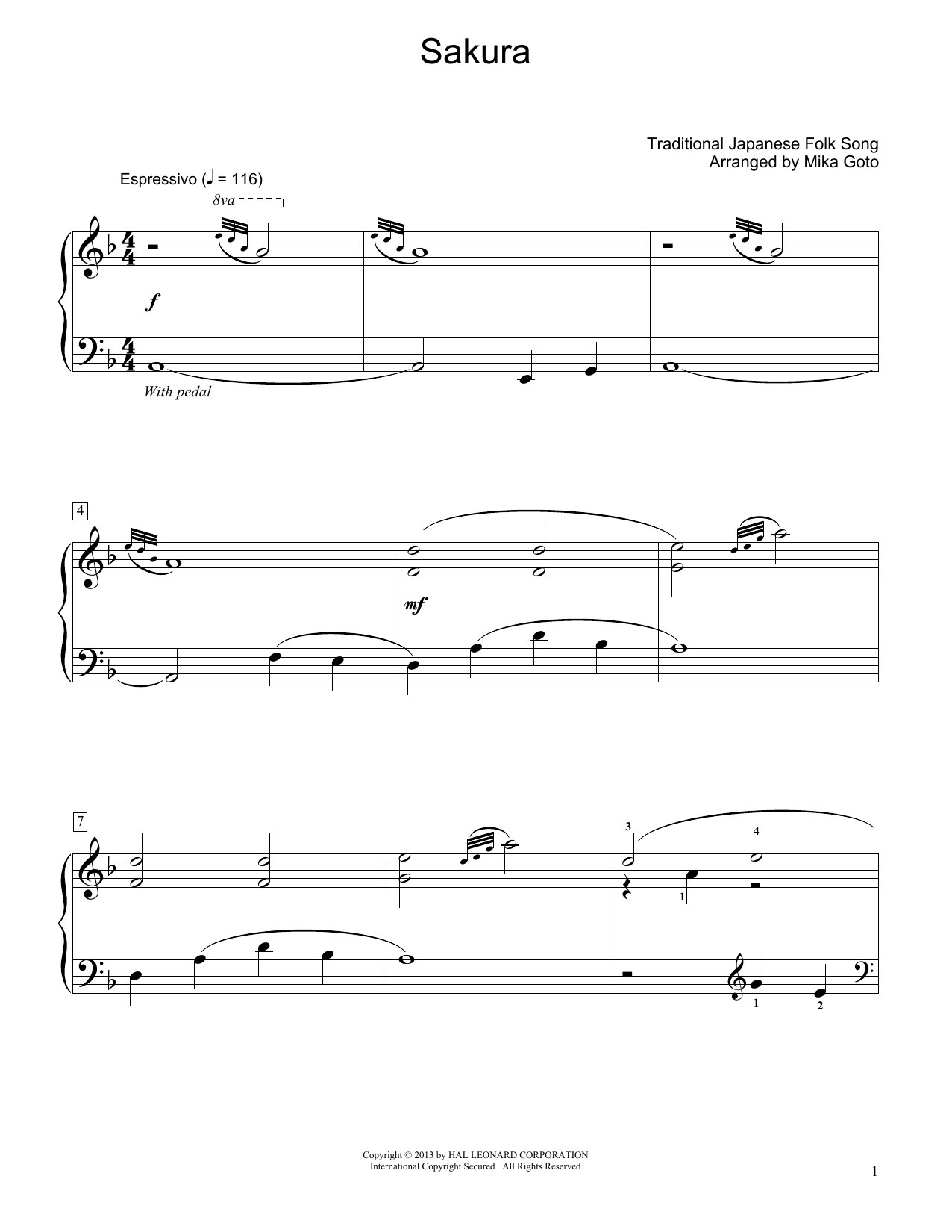 Download Traditional Japanese Folk Song Sakura (arr. Mika Goto) Sheet Music and learn how to play Educational Piano PDF digital score in minutes