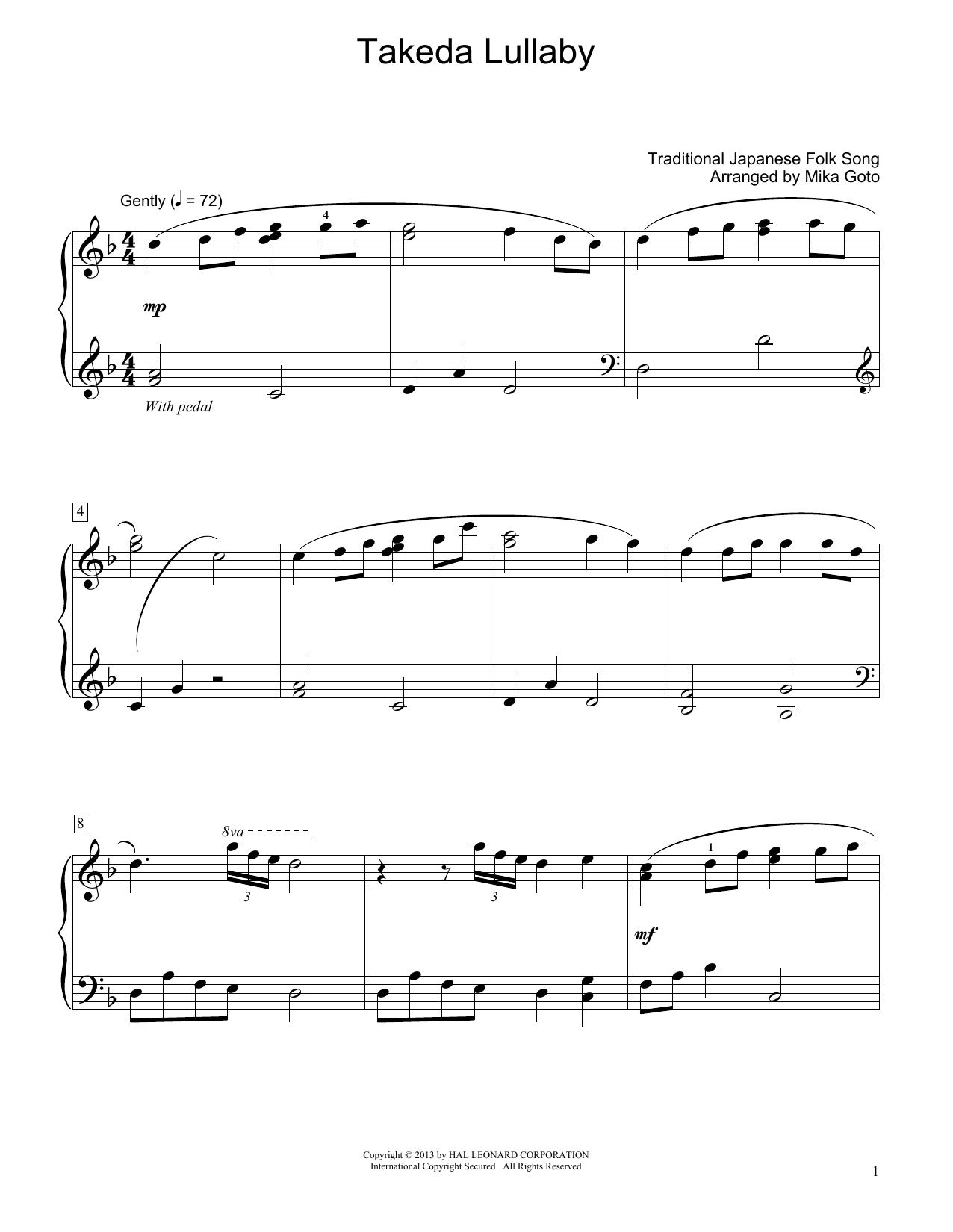 Download Traditional Japanese Folk Song Takeda Lullaby (arr. Mika Goto) Sheet Music and learn how to play Educational Piano PDF digital score in minutes