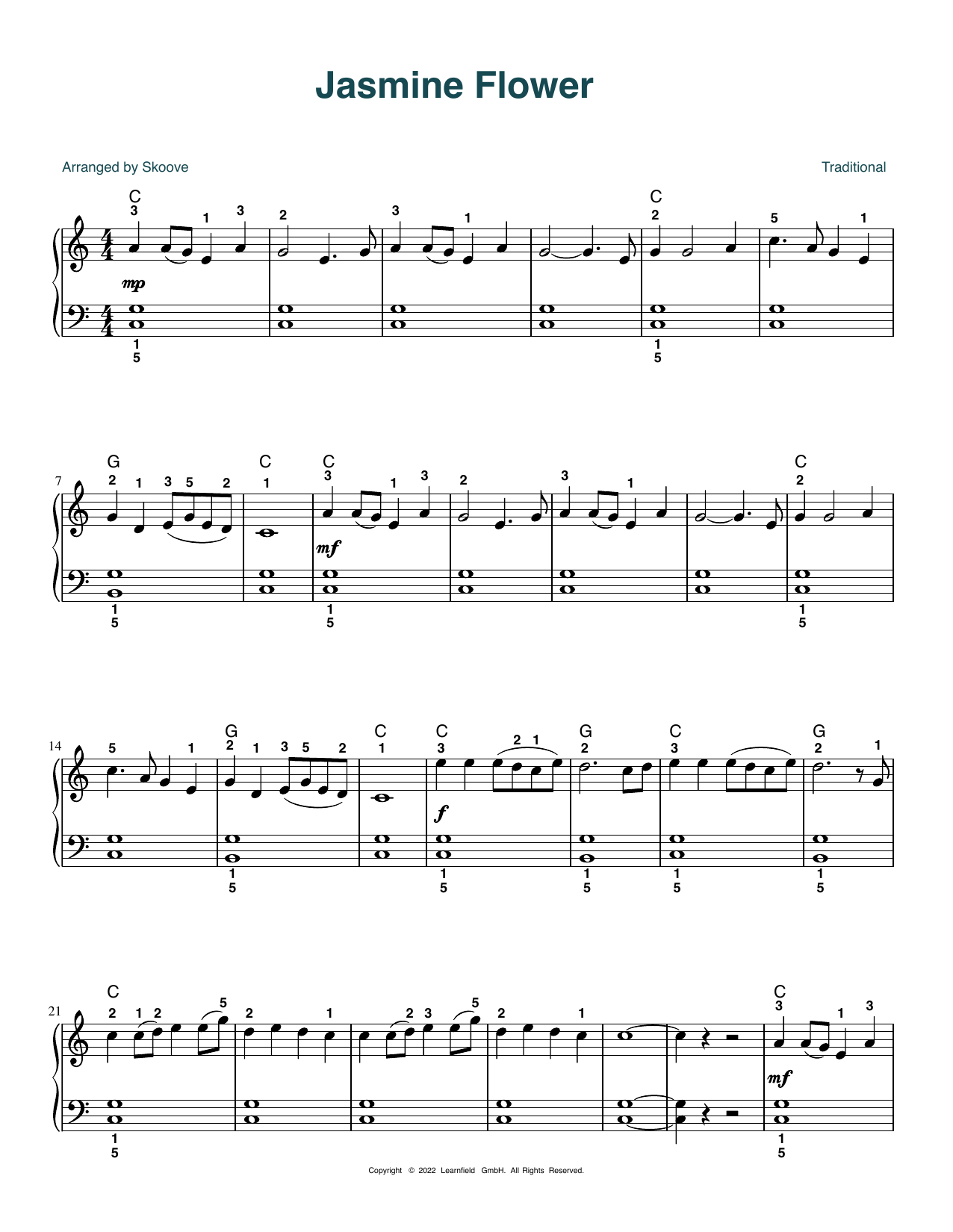 Download Traditional Jasmine Flower (arr. Skoove) Sheet Music and learn how to play Beginner Piano (Abridged) PDF digital score in minutes