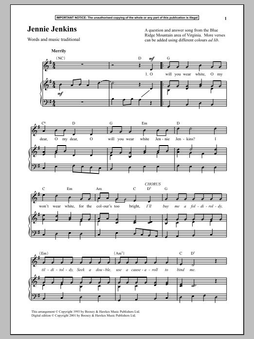 Download Traditional Jennie Jenkins Sheet Music and learn how to play Piano PDF digital score in minutes