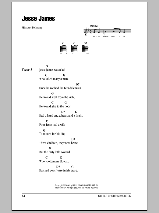 Download Traditional Jesse James Sheet Music and learn how to play Lyrics & Chords PDF digital score in minutes