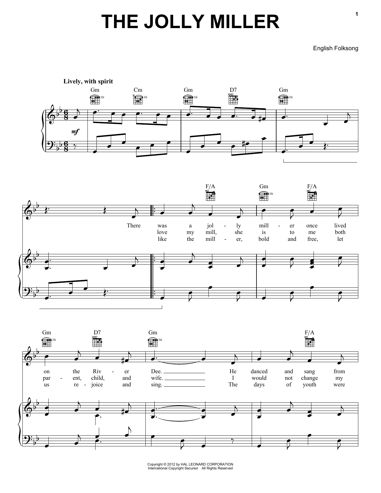 Download Traditional Jolly Miller Sheet Music and learn how to play Piano, Vocal & Guitar (Right-Hand Melody) PDF digital score in minutes