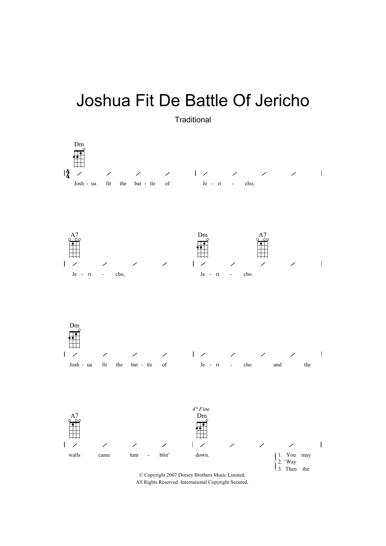 Download Traditional Joshua Fit De Battle Of Jericho Sheet Music and learn how to play Ukulele with strumming patterns PDF digital score in minutes