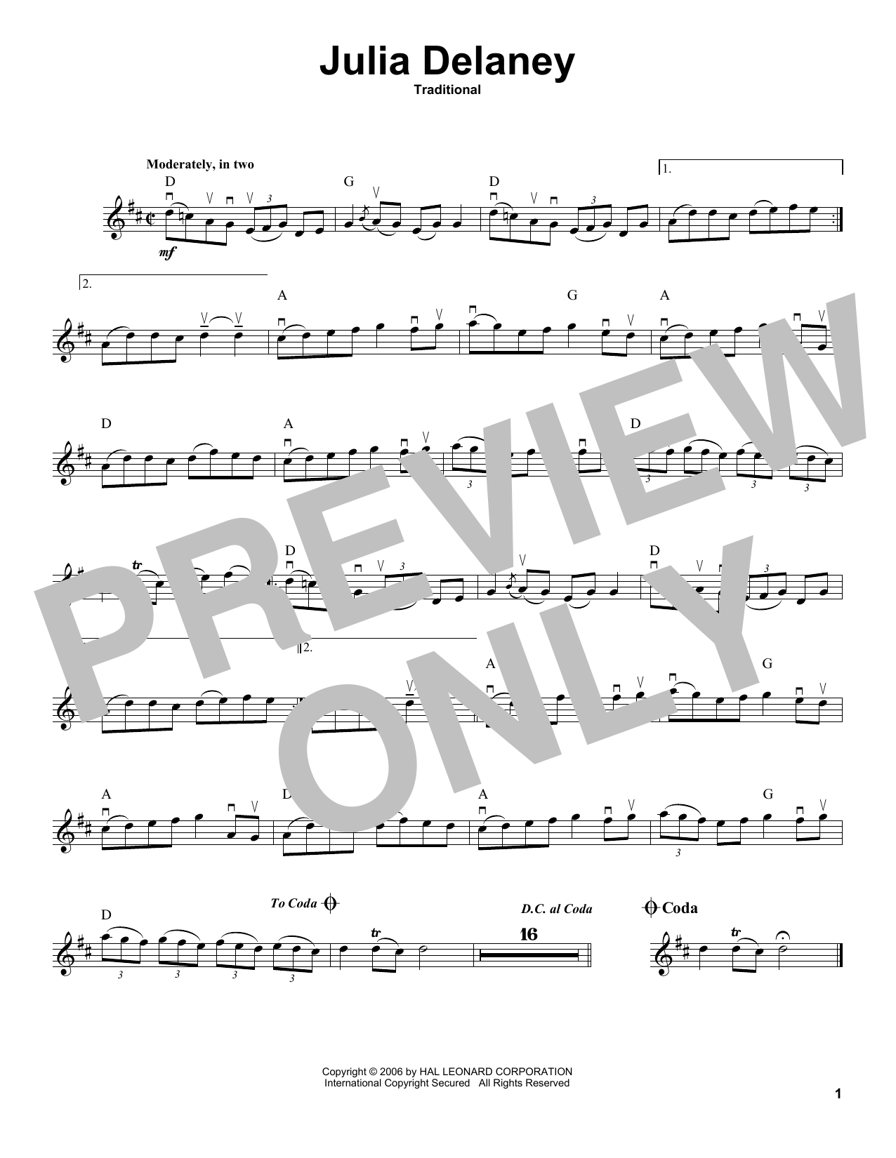 Download Traditional Julia Delaney Sheet Music and learn how to play Violin Solo PDF digital score in minutes