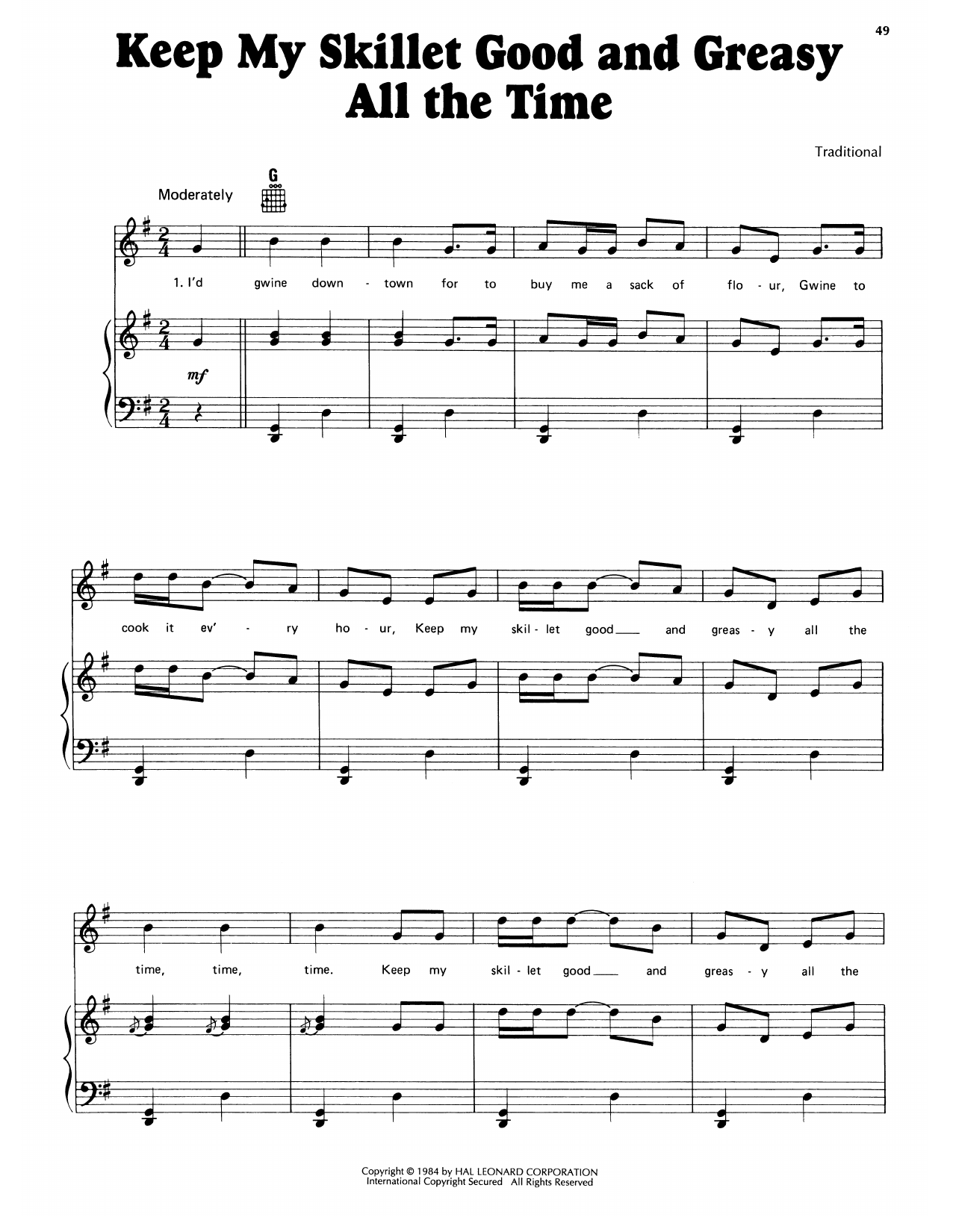 Download Traditional Keep My Skillet Good And Greasy All The Time Sheet Music and learn how to play Piano, Vocal & Guitar Chords (Right-Hand Melody) PDF digital score in minutes