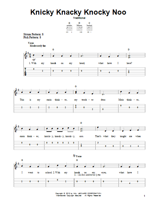 Download Traditional Knicky Knacky Knocky Noo Sheet Music and learn how to play Easy Guitar Tab PDF digital score in minutes