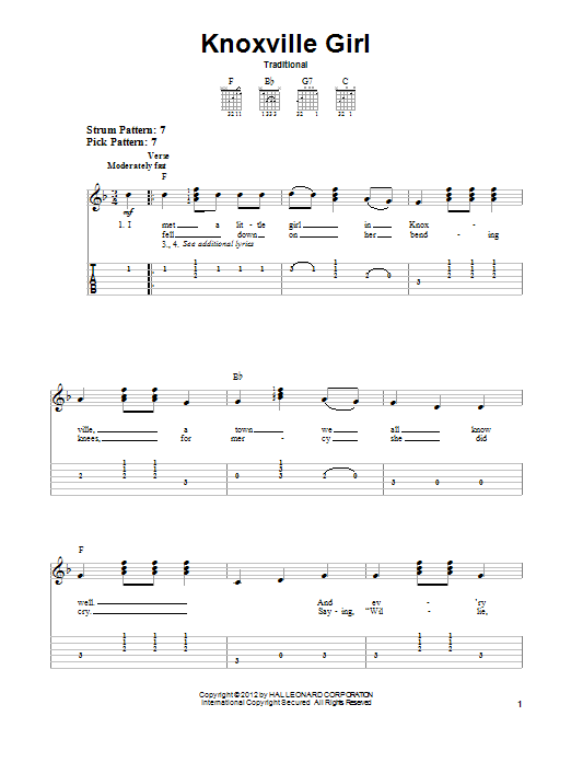 Download Traditional Knoxville Girl Sheet Music and learn how to play Easy Guitar Tab PDF digital score in minutes