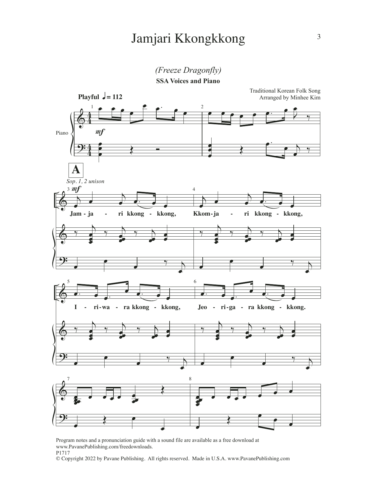 Download Traditional Korean Folk Song Jamjari Kkongkkong (Freeze Dragonfly) (arr. Minhee Kim) Sheet Music and learn how to play SSA Choir PDF digital score in minutes