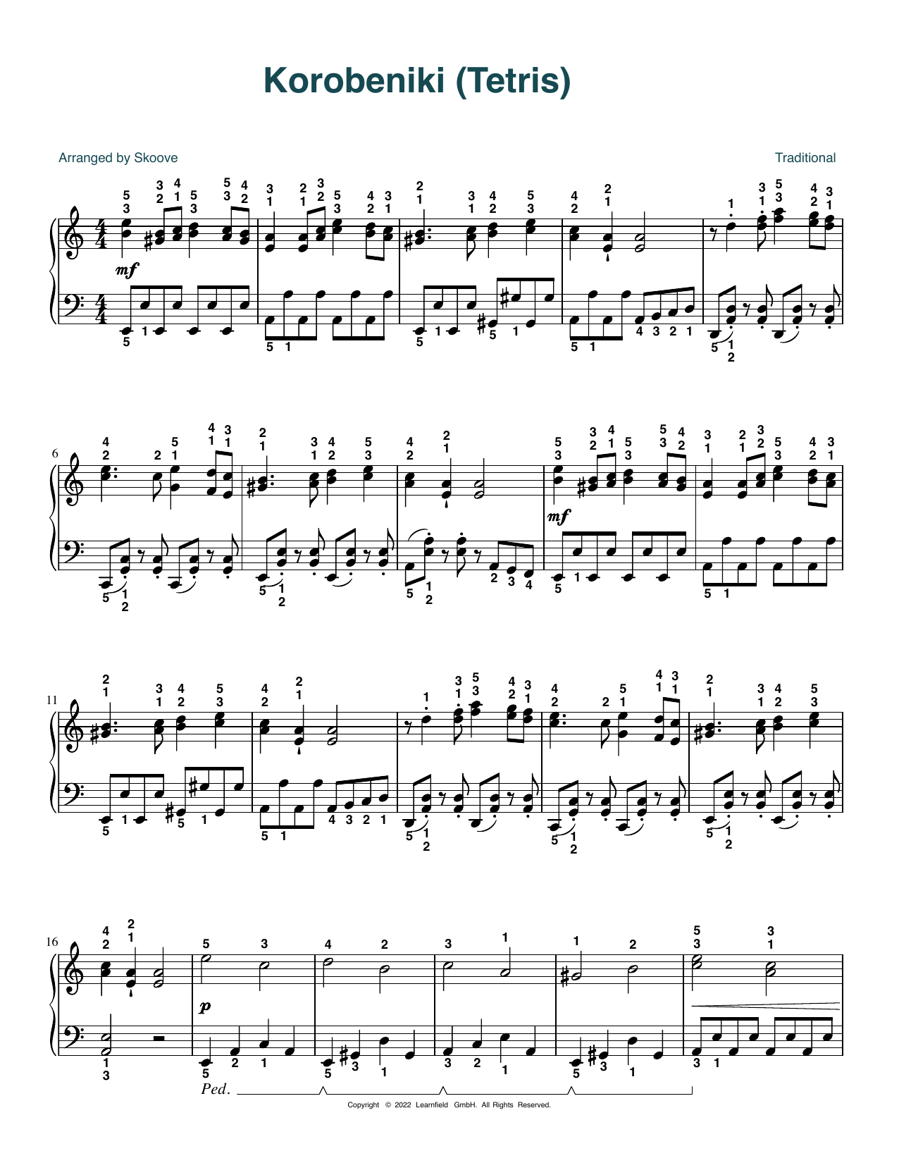 Download Traditional Korobeniki (Tetris) (arr. Skoove) Sheet Music and learn how to play Piano Solo PDF digital score in minutes