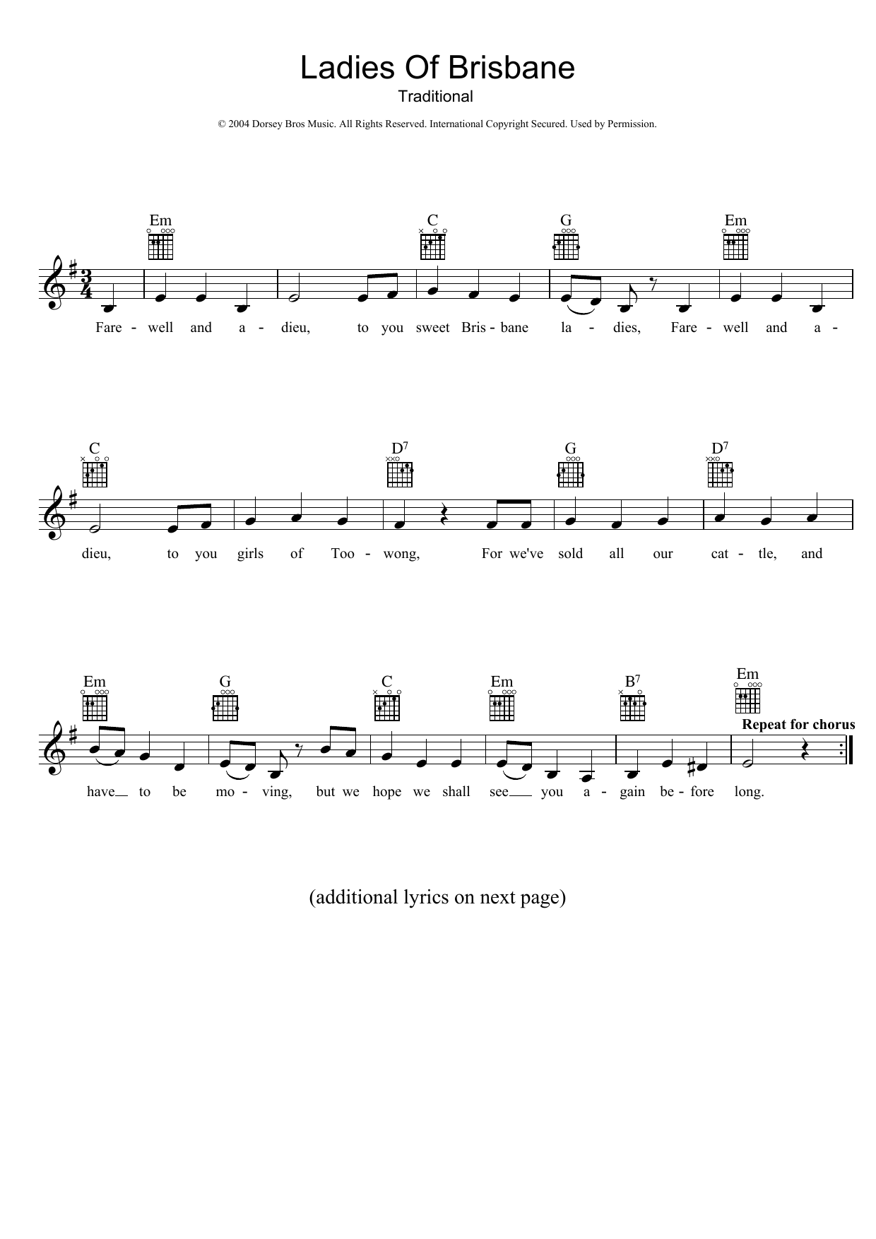 Download Traditional Ladies Of Brisbane Sheet Music and learn how to play Melody Line, Lyrics & Chords PDF digital score in minutes