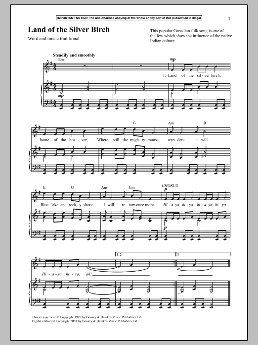 Download Traditional Land Of The Silver Birch Sheet Music and learn how to play Piano PDF digital score in minutes
