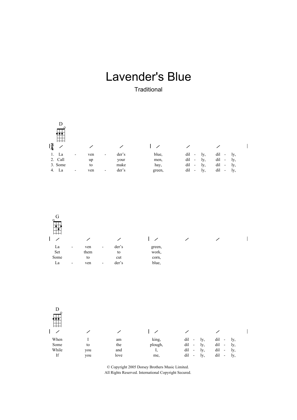 Download Traditional Lavender Blue Sheet Music and learn how to play Ukulele with strumming patterns PDF digital score in minutes