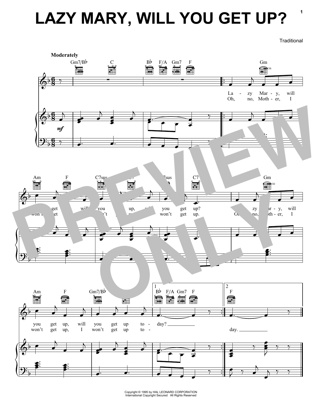 Download Traditional Lazy Mary, Will You Get Up? Sheet Music and learn how to play Piano, Vocal & Guitar Chords (Right-Hand Melody) PDF digital score in minutes
