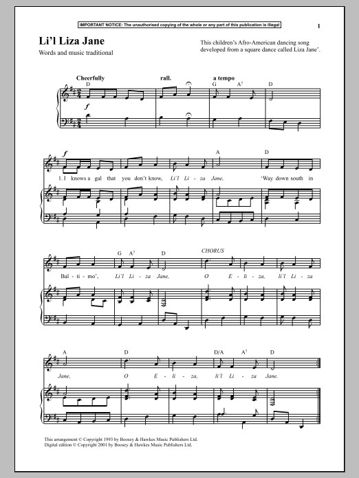 Download Traditional Li l Liza Jane Sheet Music and learn how to play Piano PDF digital score in minutes