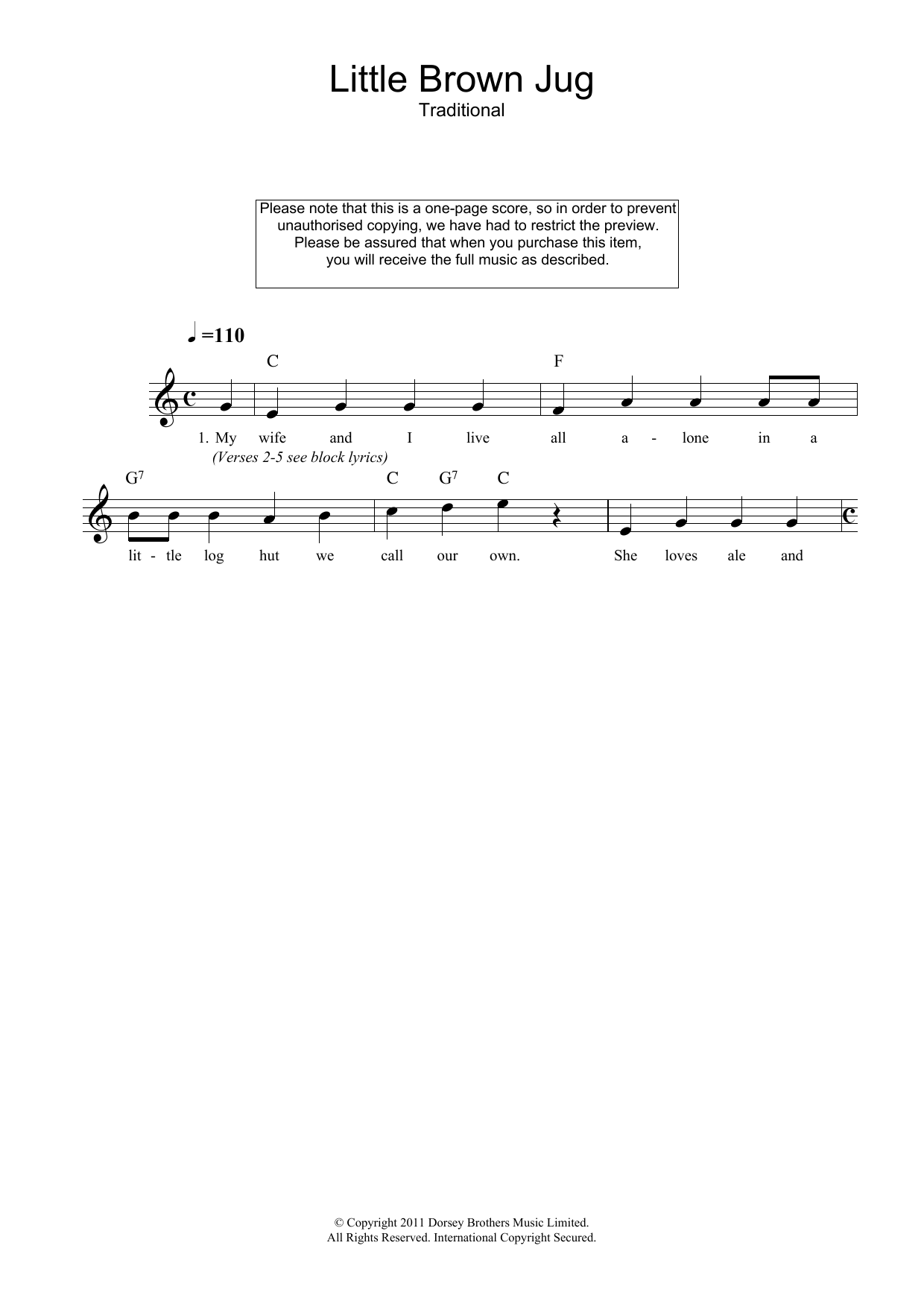 Download Traditional Little Brown Jug Sheet Music and learn how to play Melody Line, Lyrics & Chords PDF digital score in minutes
