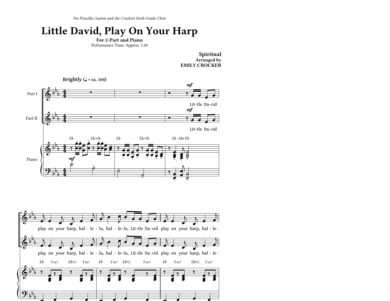Download Traditional Little David, Play On Your Harp (arr. Emily Crocker) Sheet Music and learn how to play 2-Part Choir PDF digital score in minutes