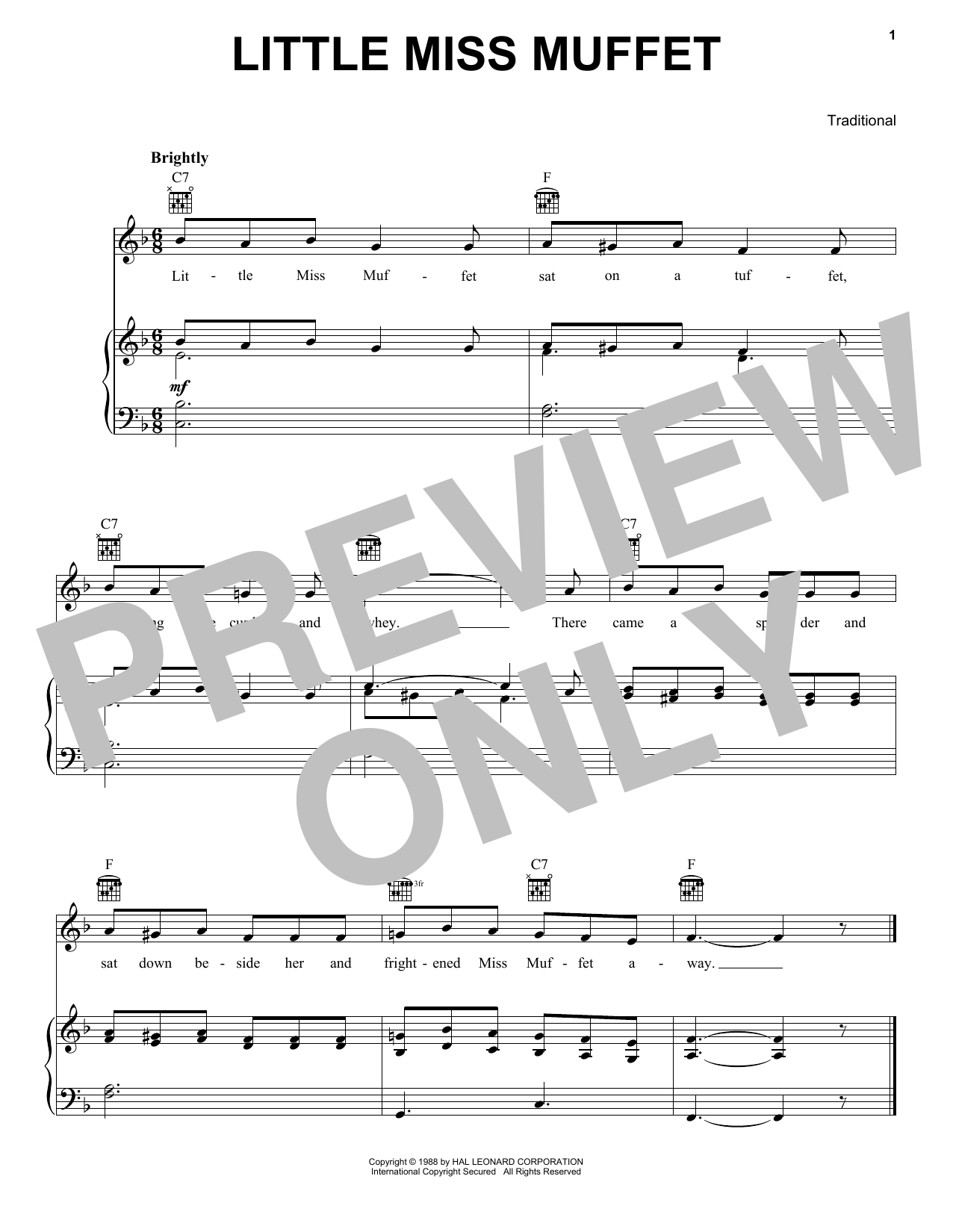 Download Traditional Little Miss Muffet Sheet Music and learn how to play Piano, Vocal & Guitar Chords (Right-Hand Melody) PDF digital score in minutes