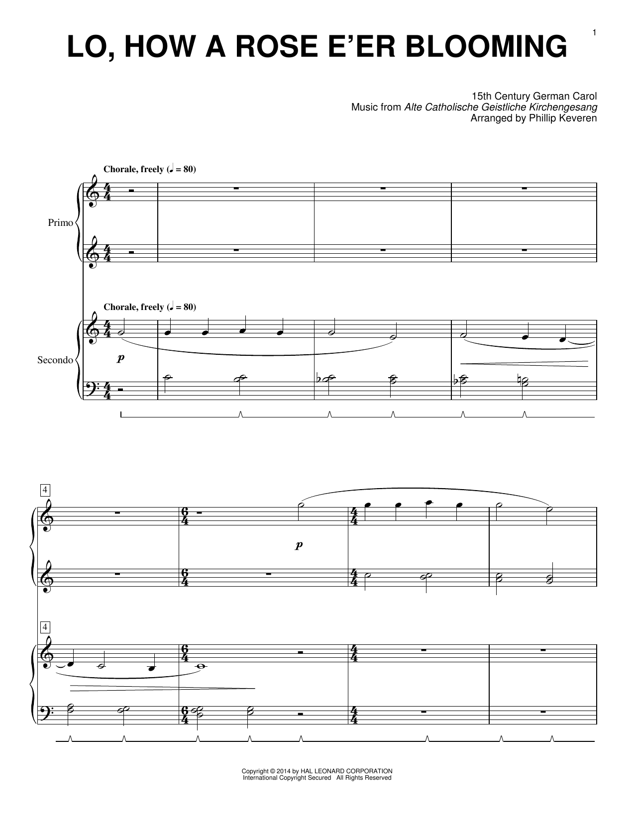 Download Phillip Keveren Lo, How A Rose E'er Blooming Sheet Music and learn how to play Piano Duet PDF digital score in minutes