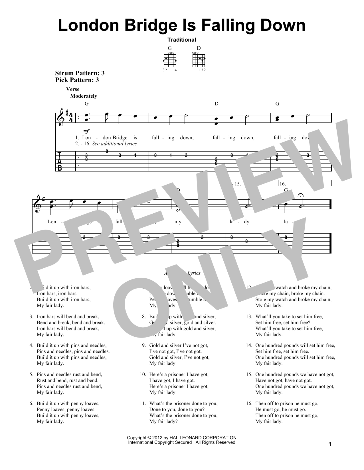 Download Traditional London Bridge Is Falling Down Sheet Music and learn how to play Easy Guitar Tab PDF digital score in minutes