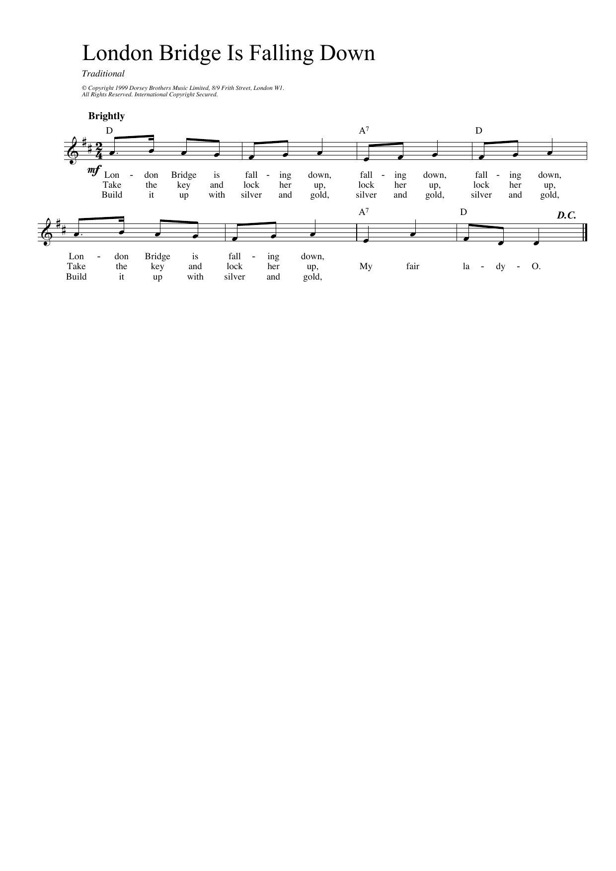 Download Traditional London Bridge Sheet Music and learn how to play Melody Line, Lyrics & Chords PDF digital score in minutes
