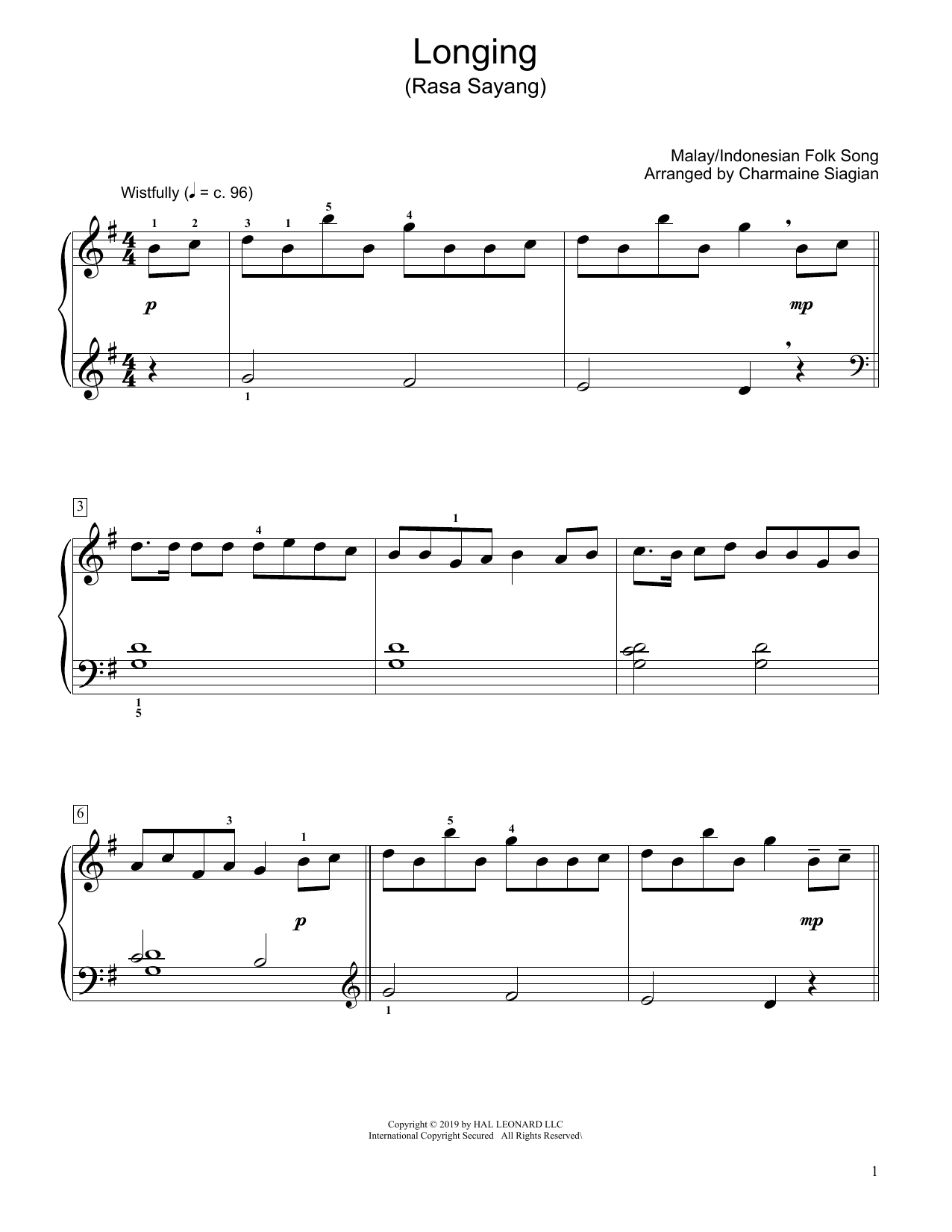 Download Traditional Longing (Rasa Sayang) (arr. Charmaine Siagian) Sheet Music and learn how to play Educational Piano PDF digital score in minutes