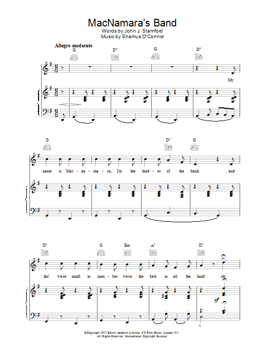 Download Traditional MacNamara's Band Sheet Music and learn how to play Piano, Vocal & Guitar (Right-Hand Melody) PDF digital score in minutes