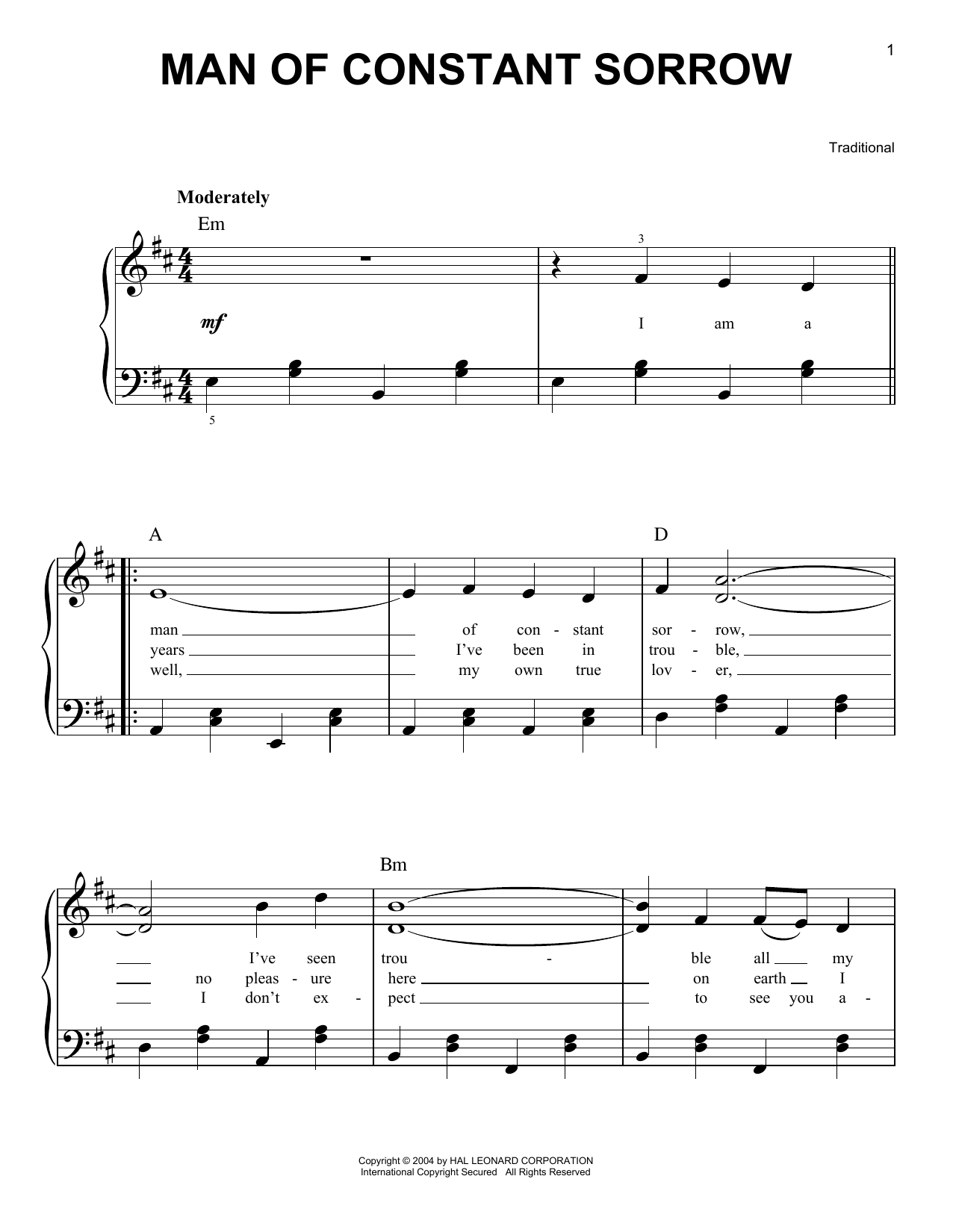 Download Traditional Man Of Constant Sorrow Sheet Music and learn how to play Easy Piano PDF digital score in minutes