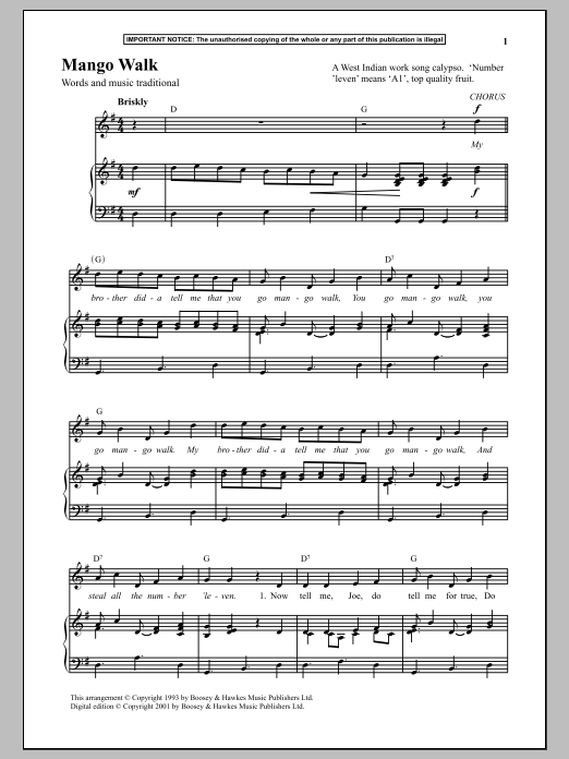 Download Traditional Mango Walk Sheet Music and learn how to play Piano & Vocal PDF digital score in minutes