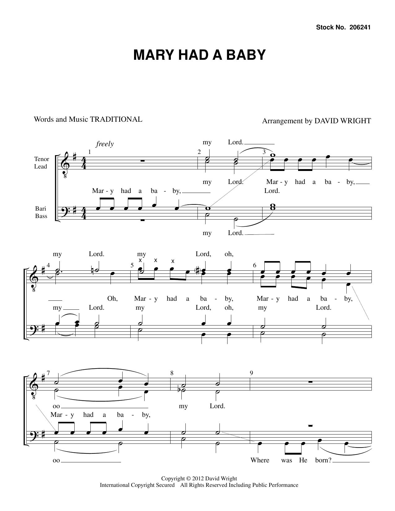 Download Traditional Mary Had A Baby (arr. David Wright) Sheet Music and learn how to play TTBB Choir PDF digital score in minutes