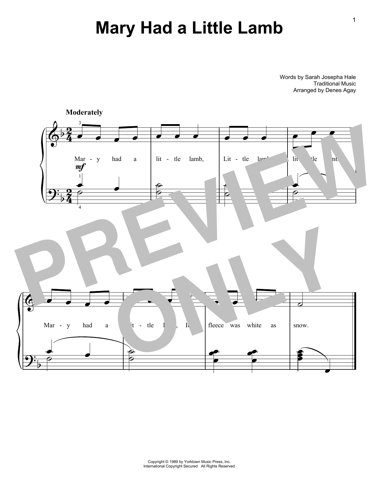 Download Traditional Mary Had A Little Lamb (arr. Denes Agay) Sheet Music and learn how to play Easy Piano PDF digital score in minutes