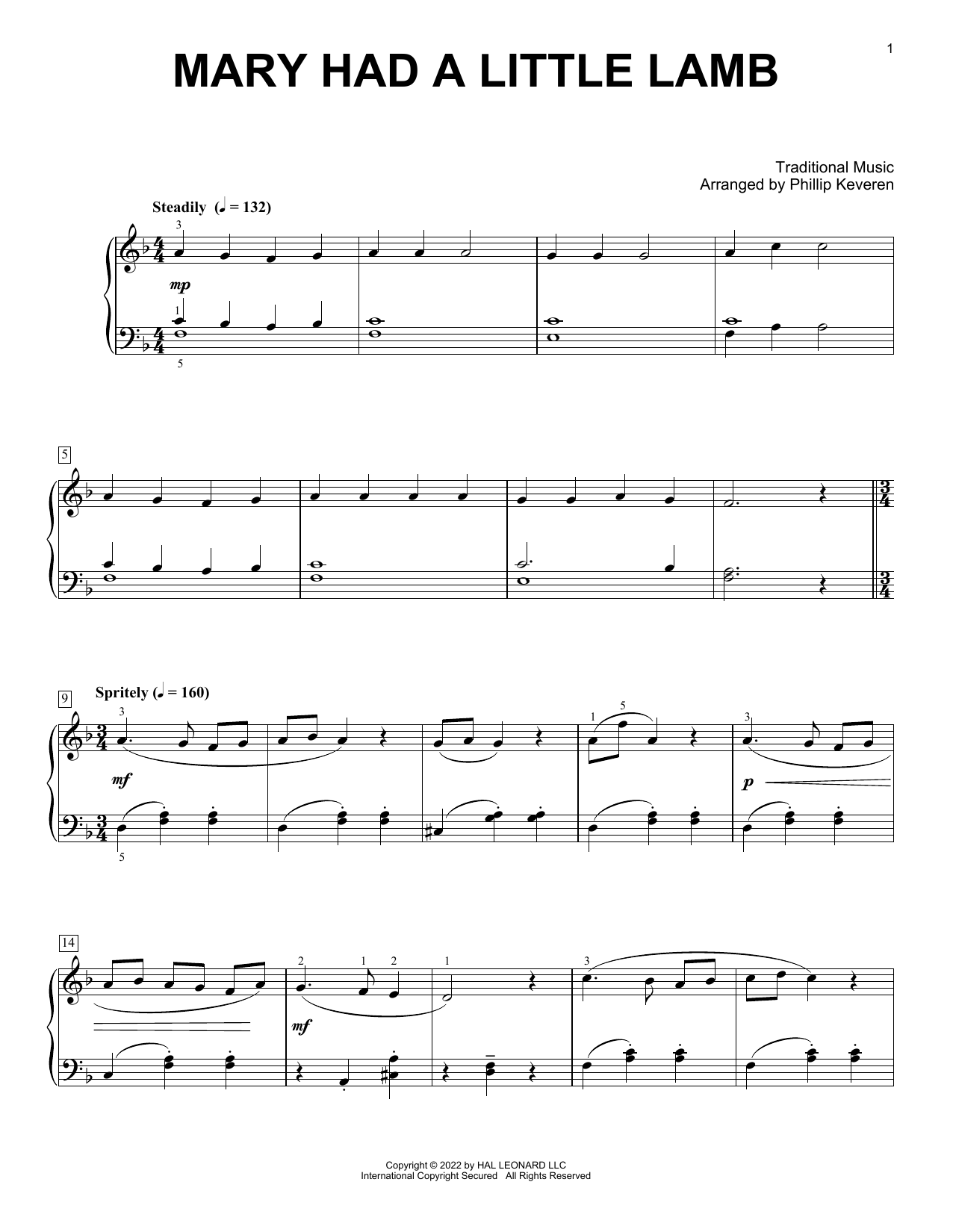 Download Traditional Mary Had A Little Lamb (arr. Phillip Keveren) Sheet Music and learn how to play Piano Solo PDF digital score in minutes