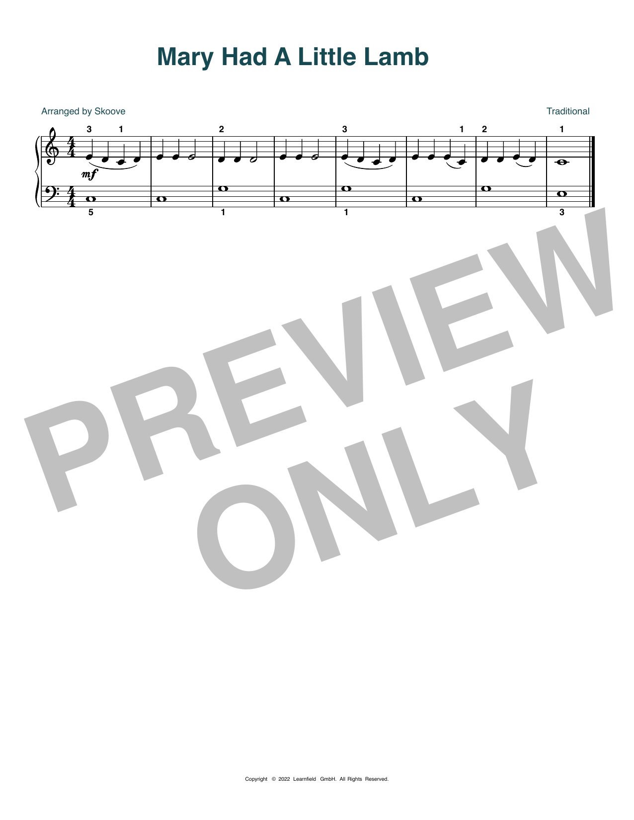 Download Traditional Mary Had A Little Lamb (arr. Skoove) Sheet Music and learn how to play Beginner Piano (Abridged) PDF digital score in minutes