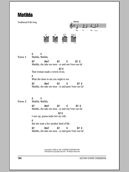 Download Traditional Matilda Sheet Music and learn how to play Lyrics & Chords PDF digital score in minutes