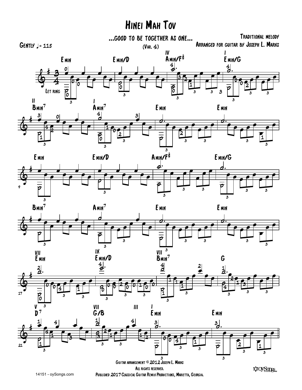 Download Traditional Melody Heiveinu Shalom Aleichem Vars 1, 2, 3 (arr. Joe Marks) Sheet Music and learn how to play Solo Guitar PDF digital score in minutes
